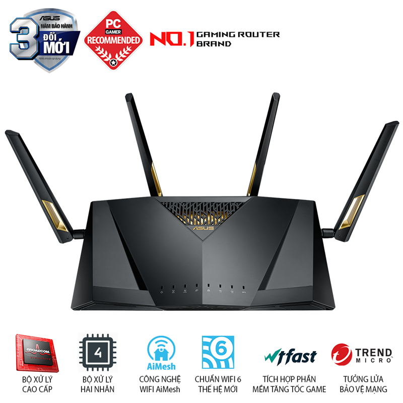 ASUS RT-AX88U (Gaming Router) Wifi AX6000 2 băng tần, Wifi 6 (802.11ax), AiMesh 360 WIFI Mesh, AiProtection, USB 3.1