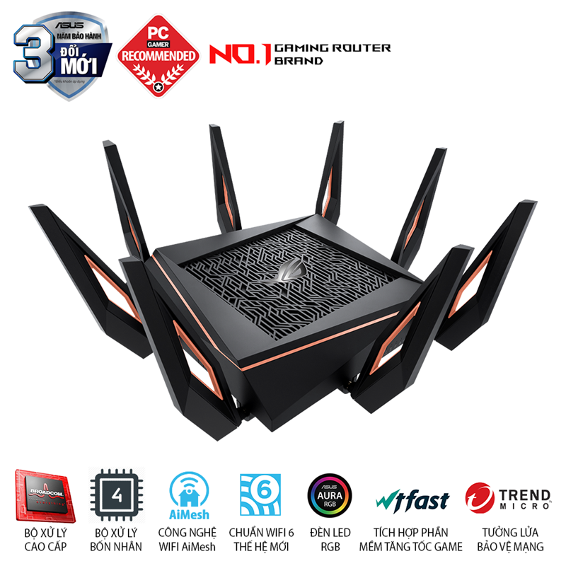 ASUS ROG Rapture GT-AX11000 (Gaming Router) Wifi AX11000 3 băng tần 10 Gigabit, Wifi 6 (802.11ax), AiMesh 360 WIFI Mesh, WTFast, AiProtection, AURA RGB